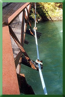 Collapsed upriver mainline at mid-span; note broken floor beams and buckled truss.