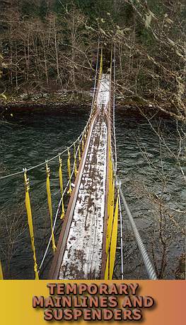 View of stabilized bridge from the tower top. Note pinch at chord buckles near midspan.