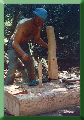 Ken Nattinger installing dowel pin into stringers and sill, Sandia Ranger District, NM, 1988.