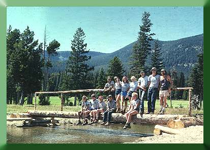 Carroll Vogel and crew after completing bridge over Witch Creek, Yellowstone National Park, WY, 1981.