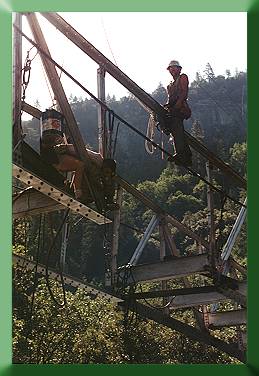 Truss repair in progress, C. Vogel on mainline.