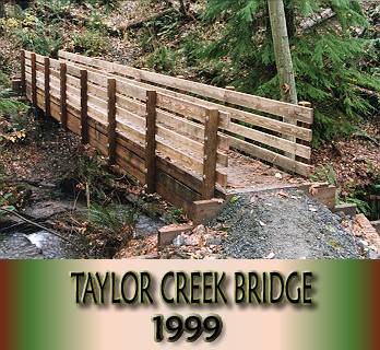 50' span steel bridge with timber deck, railing and fascia.