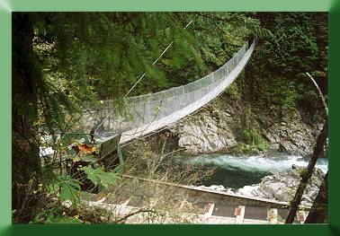 View of old bridge with fishway below.  The machinery in lower left is an air compressor we had lowered to the site via skyline in order to drill the rock anchors.